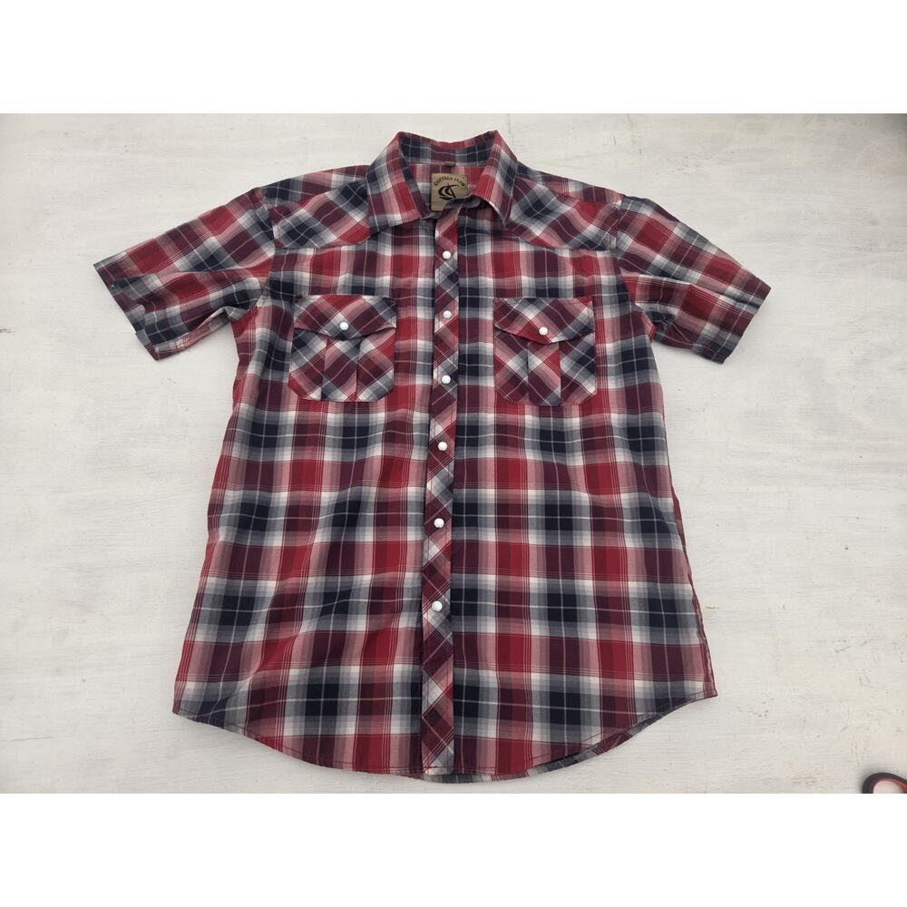 Coevals Club Pearl Snap Plaid Shirt Mens M Red Blue Short Sleeve Western Cowboy